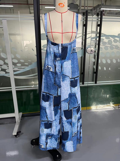 Patchwork Print Wide-Leg Jumpsuit with Straps