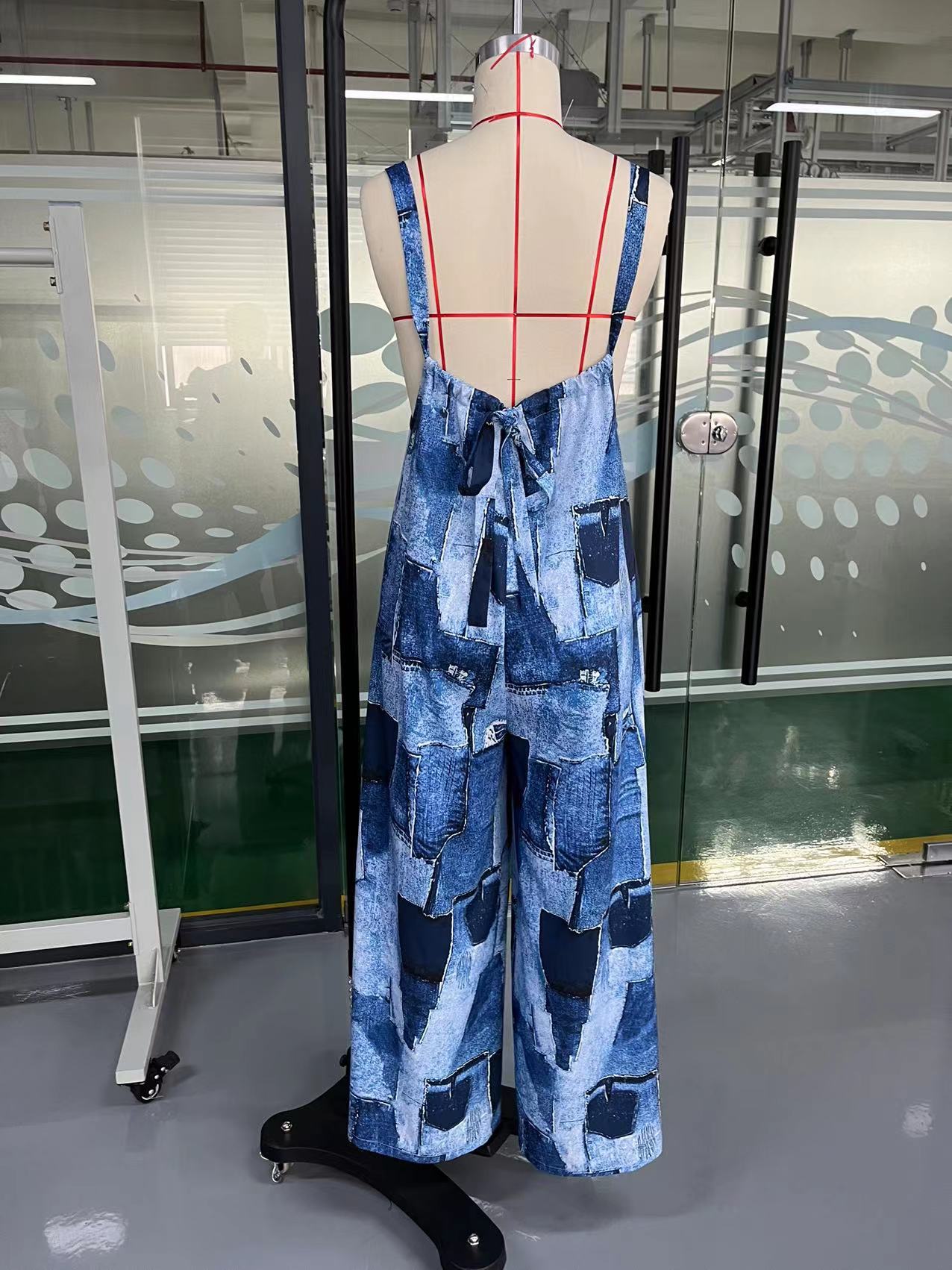 Patchwork Print Wide-Leg Jumpsuit with Straps