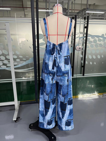 Patchwork Print Wide-Leg Jumpsuit with Straps