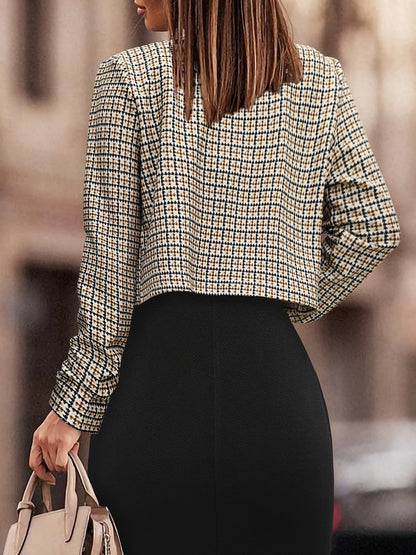 Tweed Plaid Cropped Jacket with Round Neck and Gold Buttons
