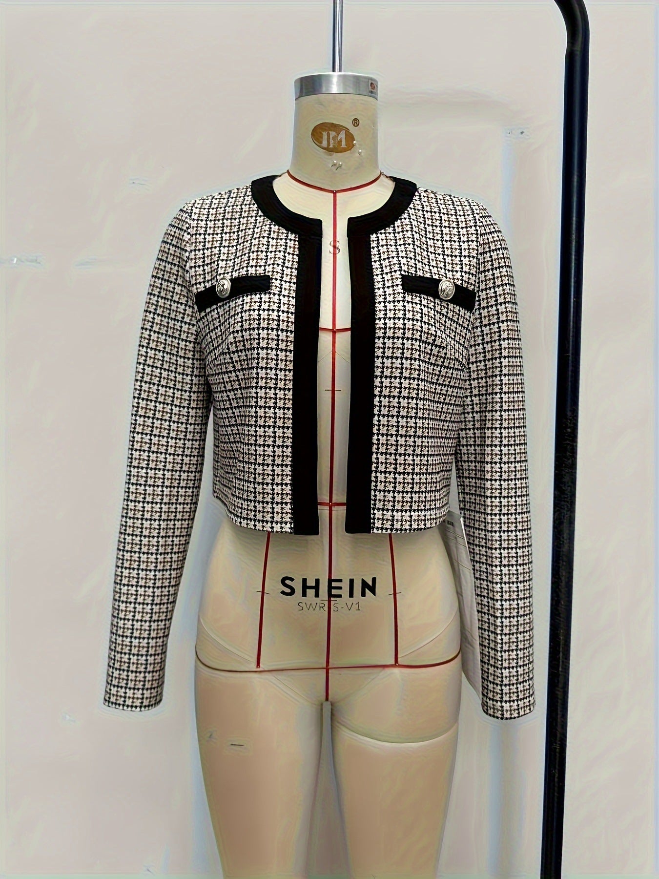 Tweed Plaid Cropped Jacket with Round Neck and Gold Buttons