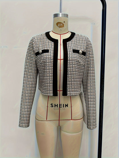 Tweed Plaid Cropped Jacket with Round Neck and Gold Buttons
