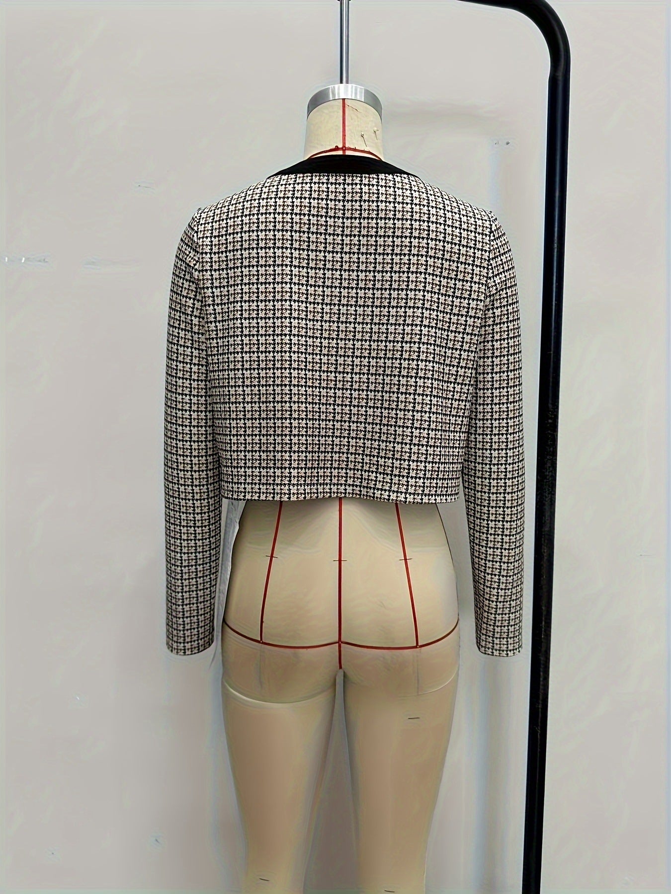 Tweed Plaid Cropped Jacket with Round Neck and Gold Buttons
