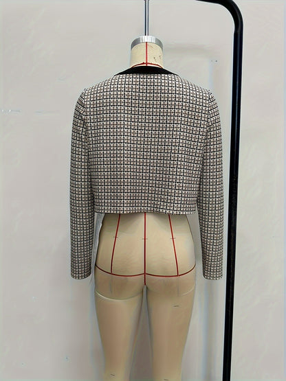 Tweed Plaid Cropped Jacket with Round Neck and Gold Buttons