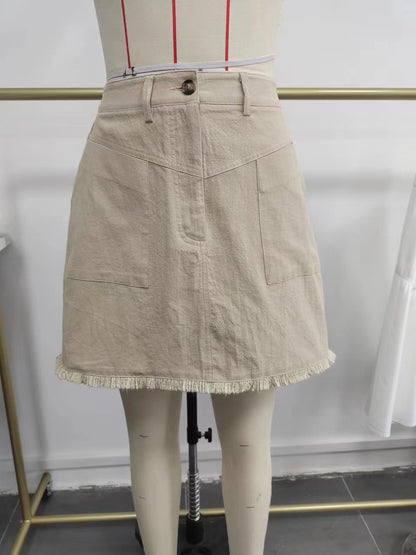 High-Waist Bodycon Mini Skirt with Fringed Hem & Patch Pockets