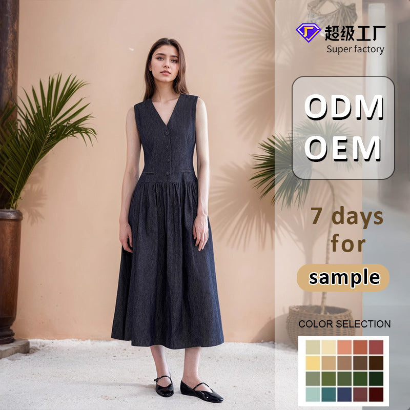 A-Line Imitation Denim Midi Dress with V-Neck and Button Front