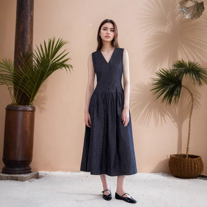 A-Line Imitation Denim Midi Dress with V-Neck and Button Front