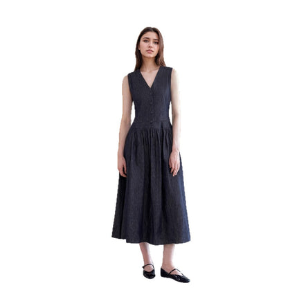 A-Line Imitation Denim Midi Dress with V-Neck and Button Front
