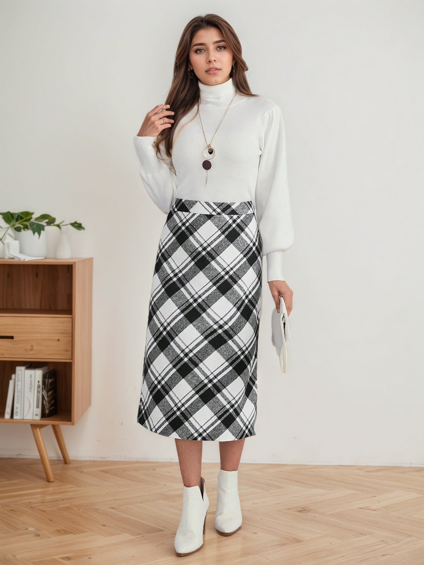 High-Waisted Black and White Plaid Midi Skirt