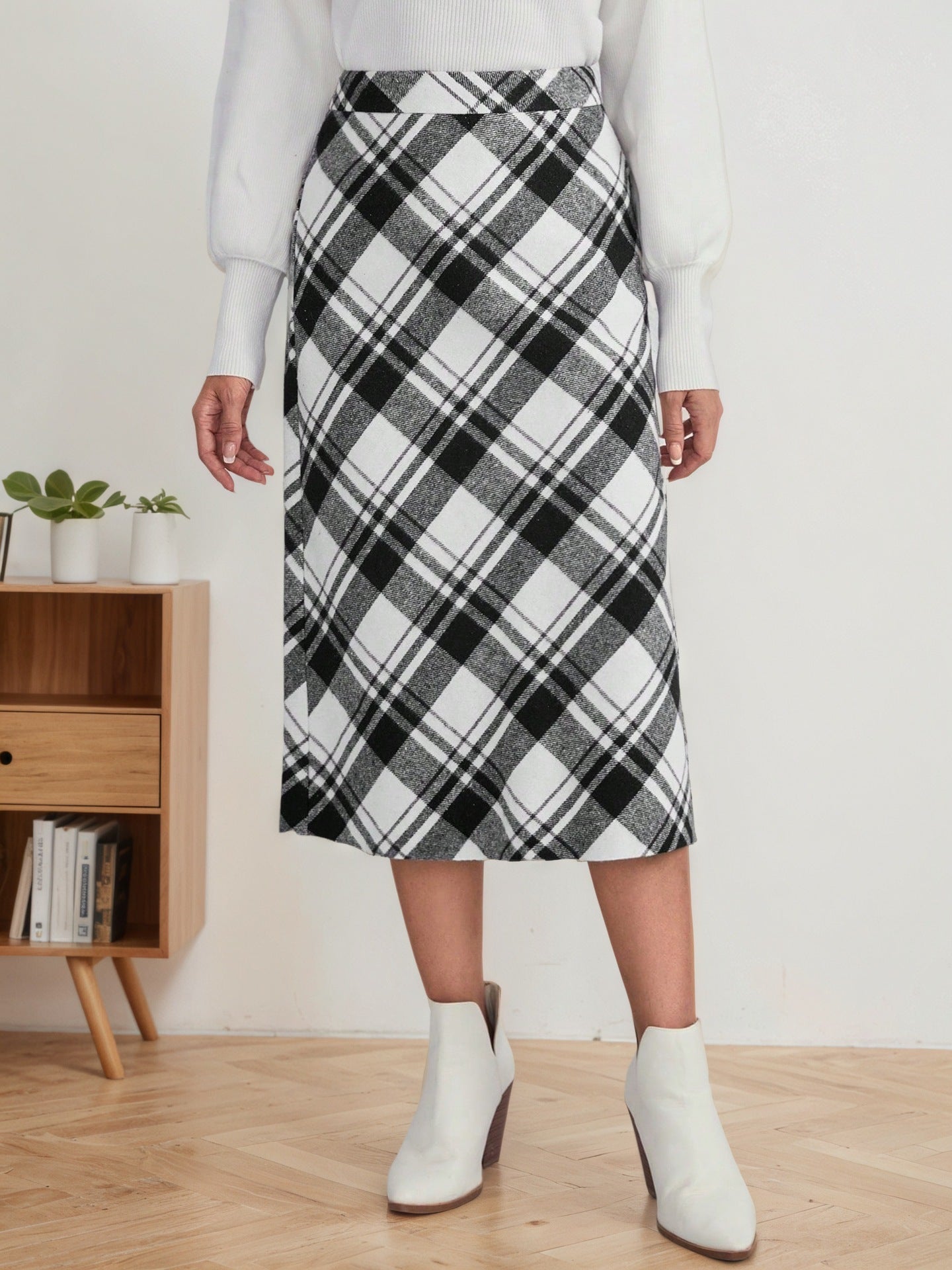 High-Waisted Black and White Plaid Midi Skirt