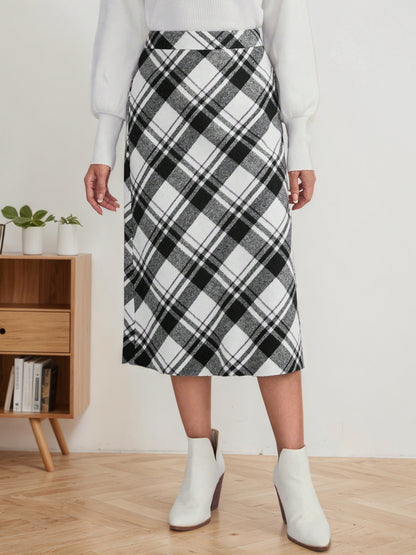 High-Waisted Black and White Plaid Midi Skirt