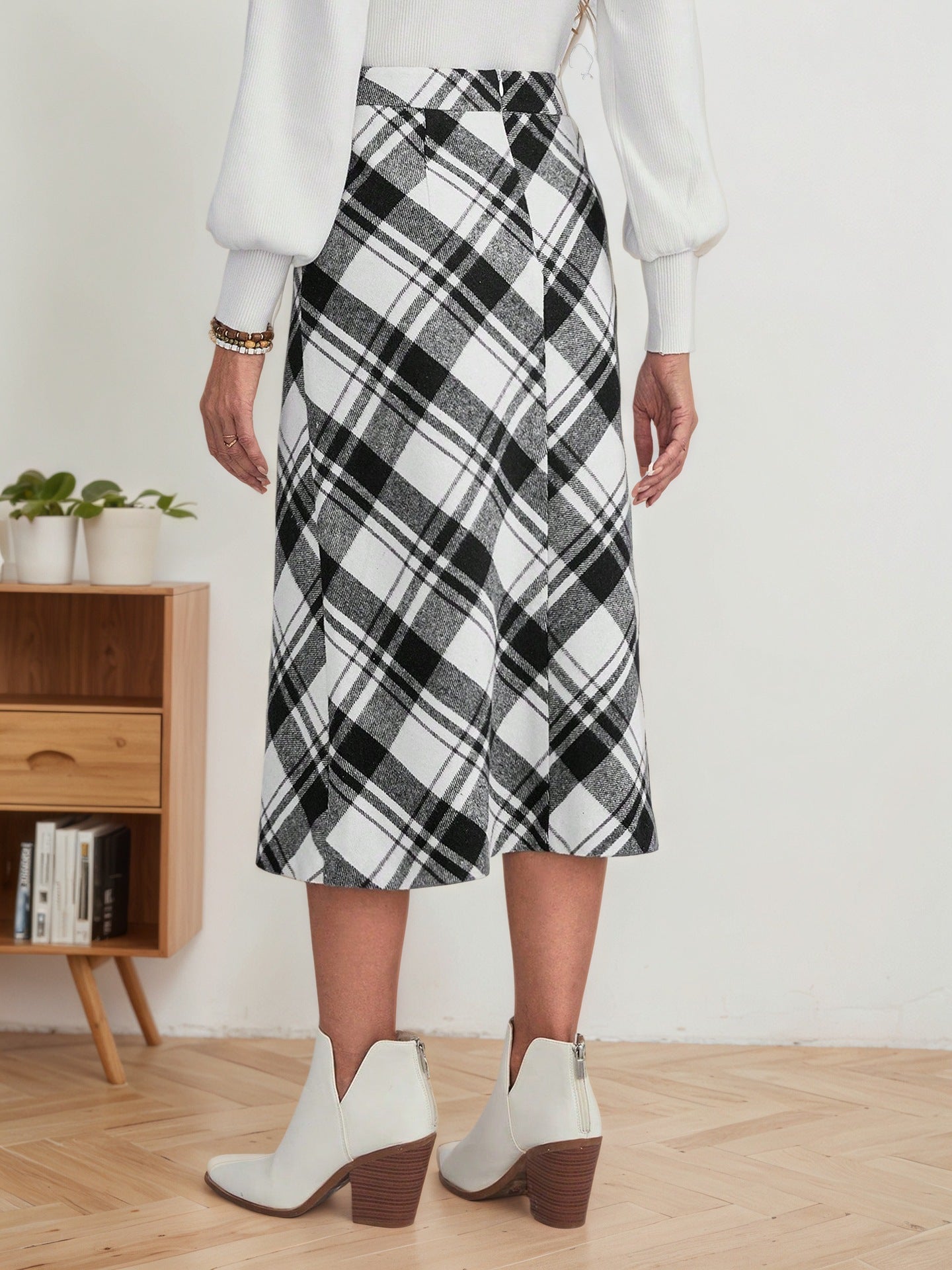 High-Waisted Black and White Plaid Midi Skirt