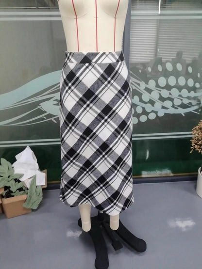 High-Waisted Black and White Plaid Midi Skirt