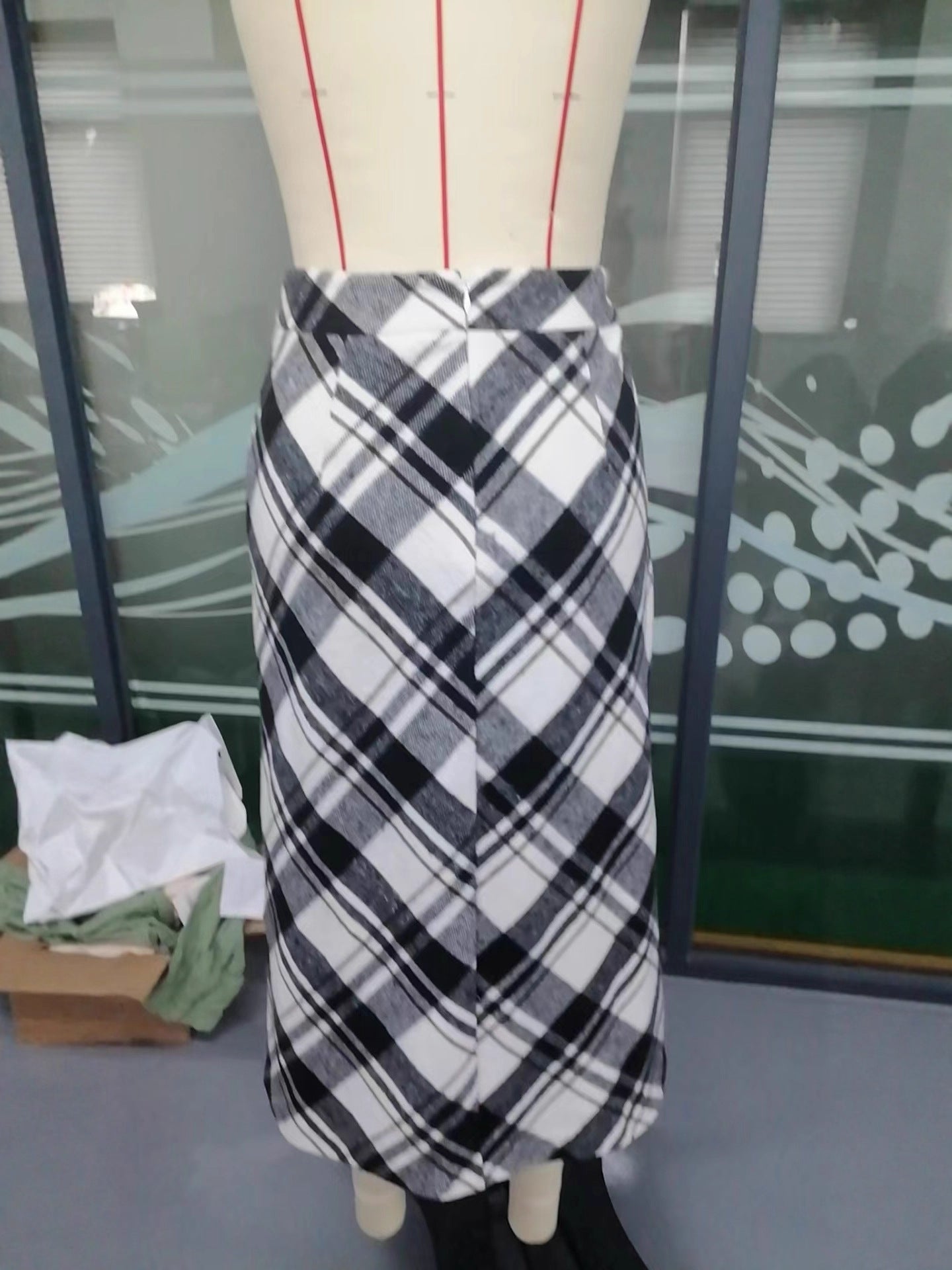 High-Waisted Black and White Plaid Midi Skirt