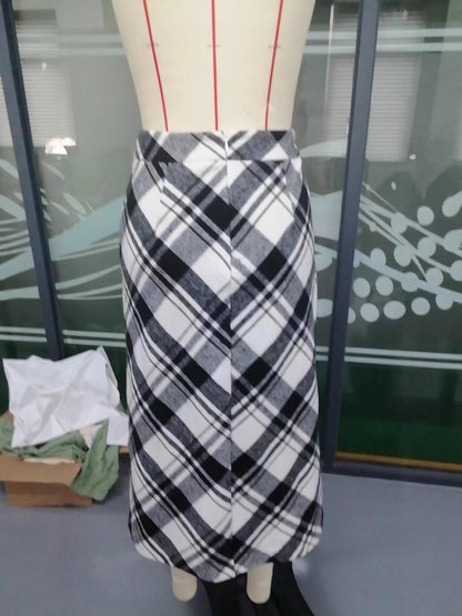 High-Waisted Black and White Plaid Midi Skirt