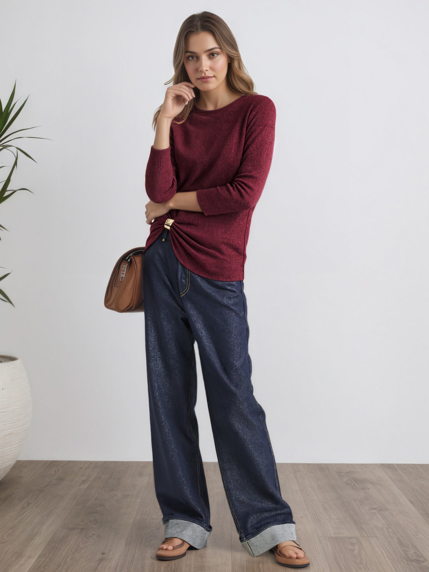 Shimmer Round Neck Top with Draped Metal Ring Buckle