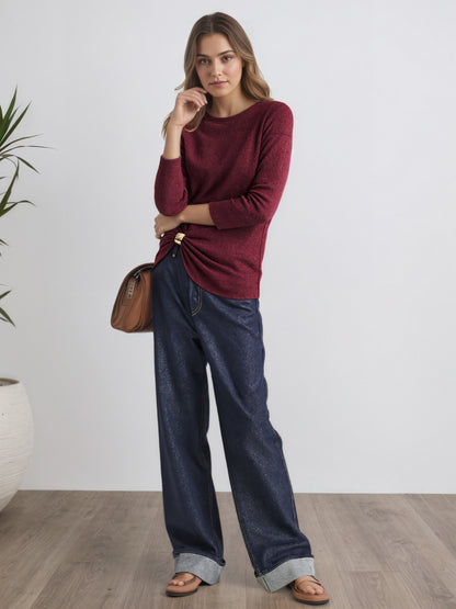 Shimmer Round Neck Top with Draped Metal Ring Buckle