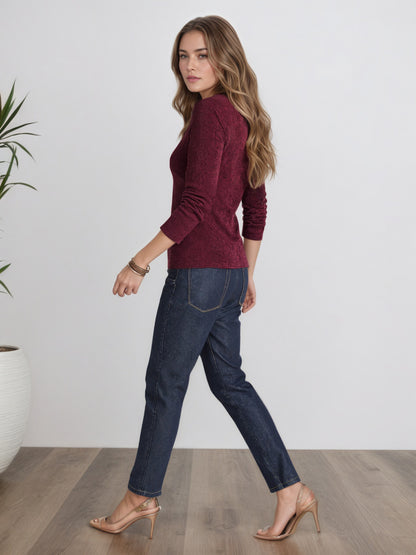 Shimmer Round Neck Top with Draped Metal Ring Buckle