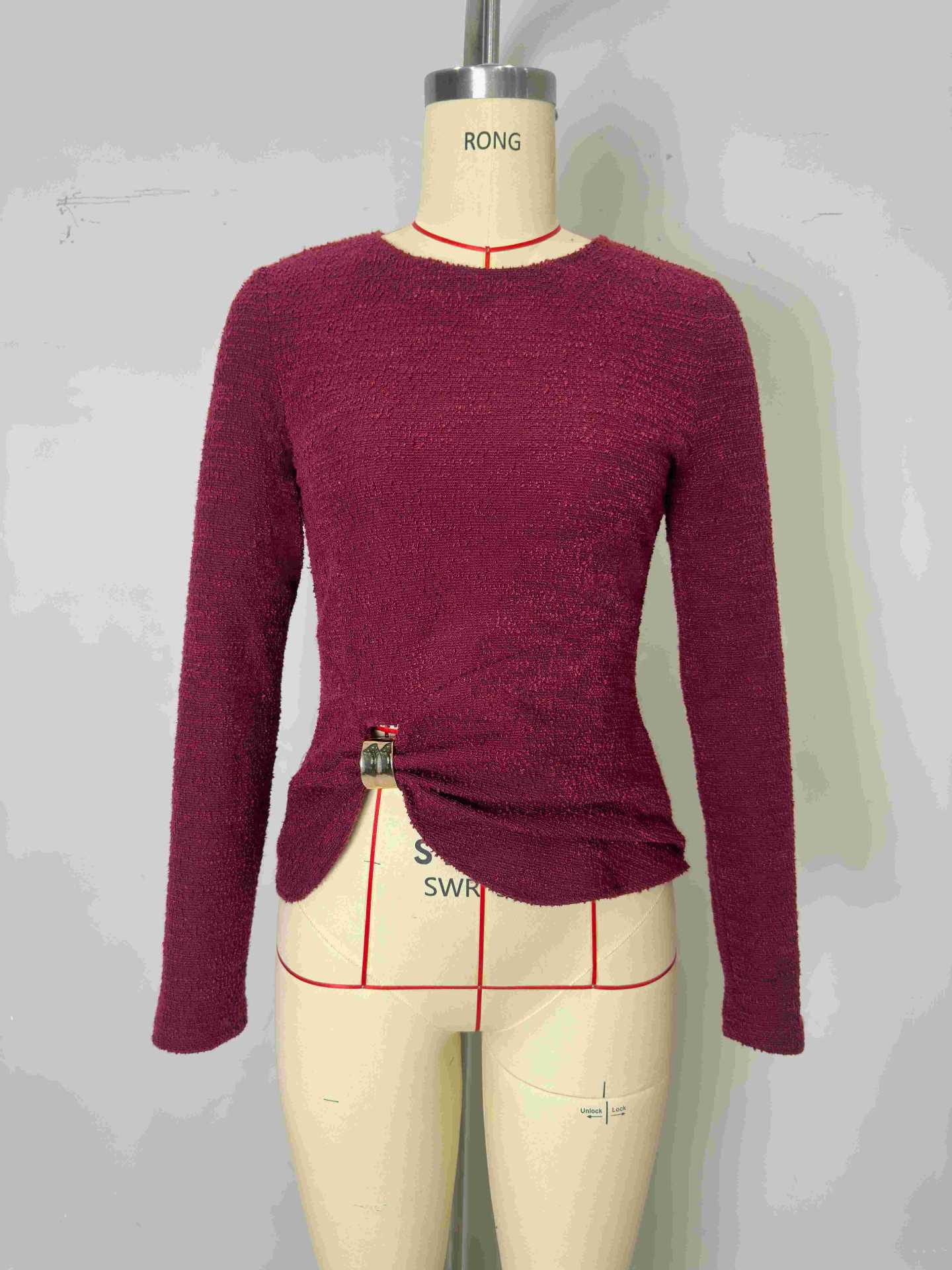 Shimmer Round Neck Top with Draped Metal Ring Buckle