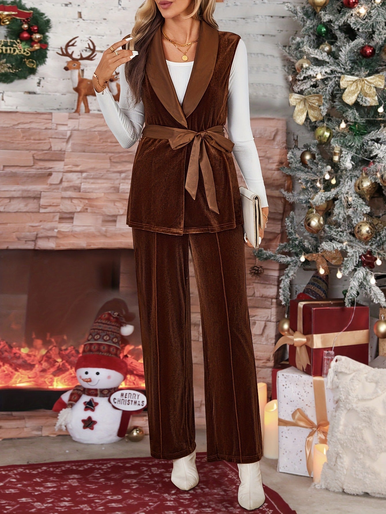 Velvet Two-Piece Set with Tie-Waist Vest & Wide-Leg Pants