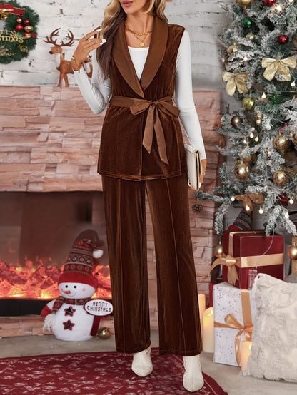 Velvet Two-Piece Set with Tie-Waist Vest & Wide-Leg Pants