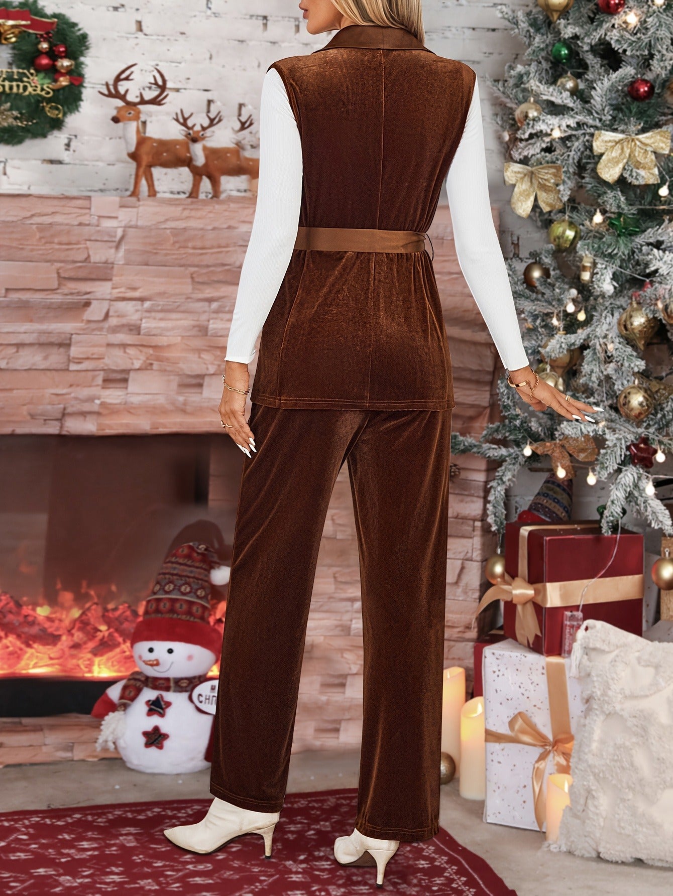 Velvet Two-Piece Set with Tie-Waist Vest & Wide-Leg Pants