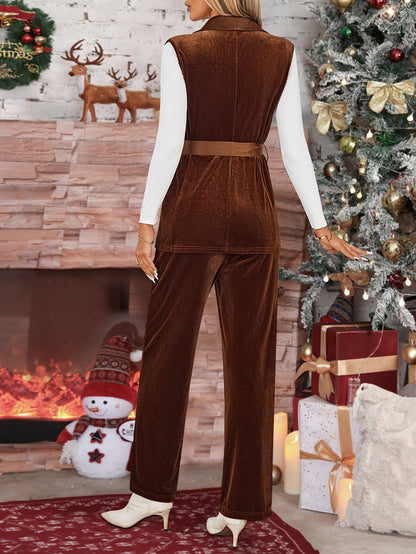 Velvet Two-Piece Set with Tie-Waist Vest & Wide-Leg Pants