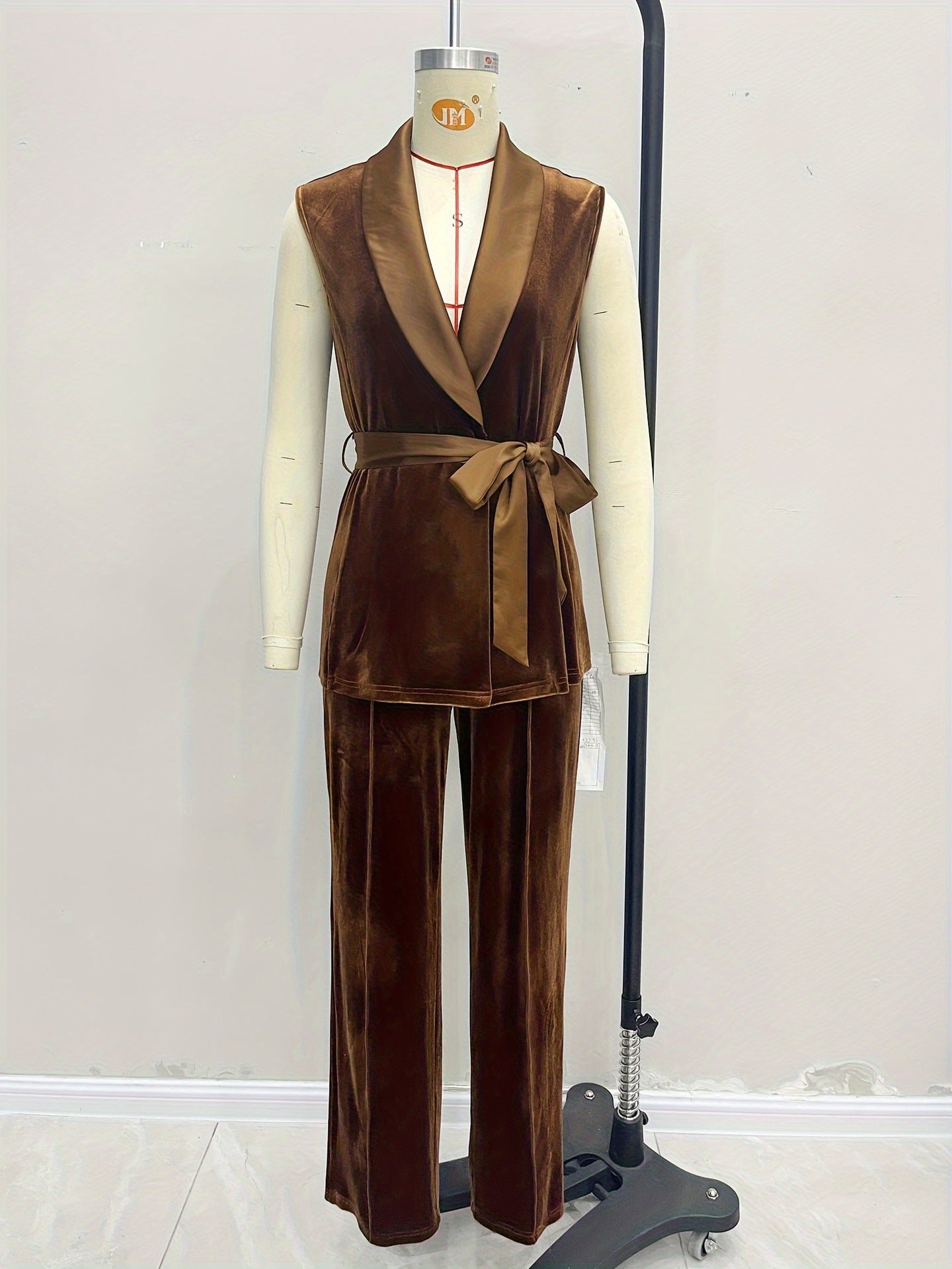 Velvet Two-Piece Set with Tie-Waist Vest & Wide-Leg Pants