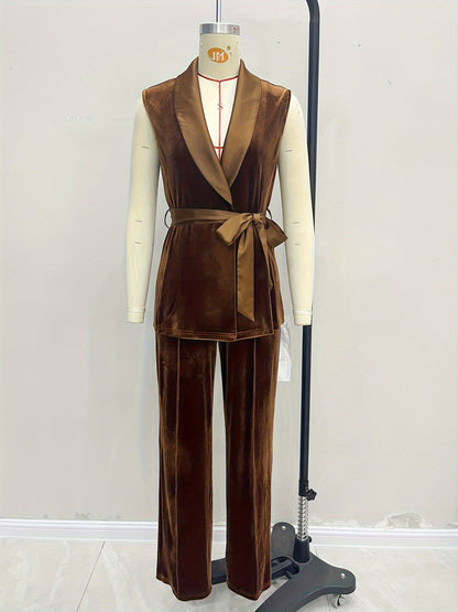 Velvet Two-Piece Set with Tie-Waist Vest & Wide-Leg Pants