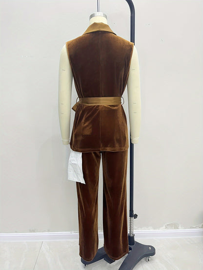 Velvet Two-Piece Set with Tie-Waist Vest & Wide-Leg Pants