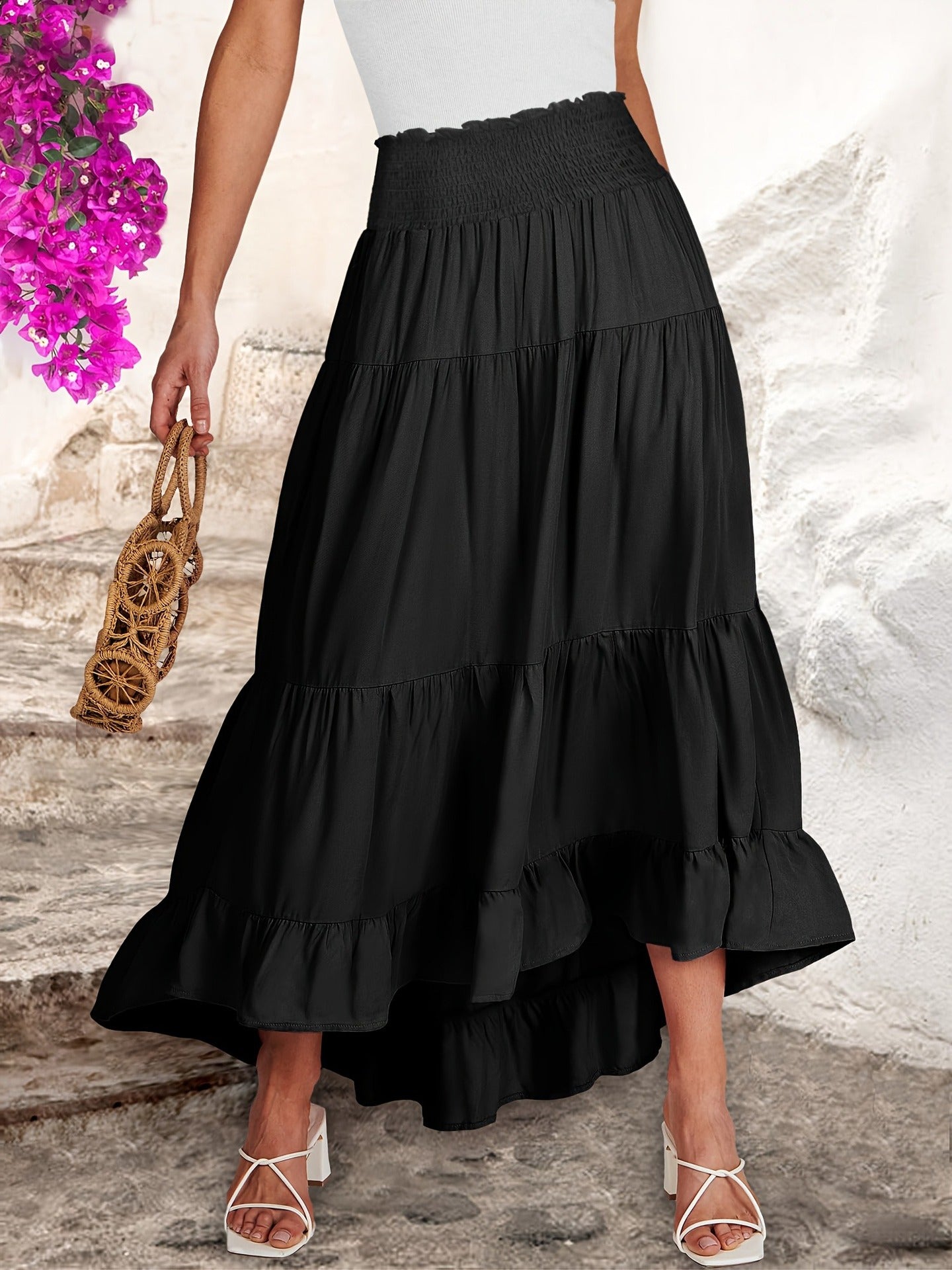 Solid Tiered Maxi Skirt with Shirred Waist and Ruffled High-Low Hem