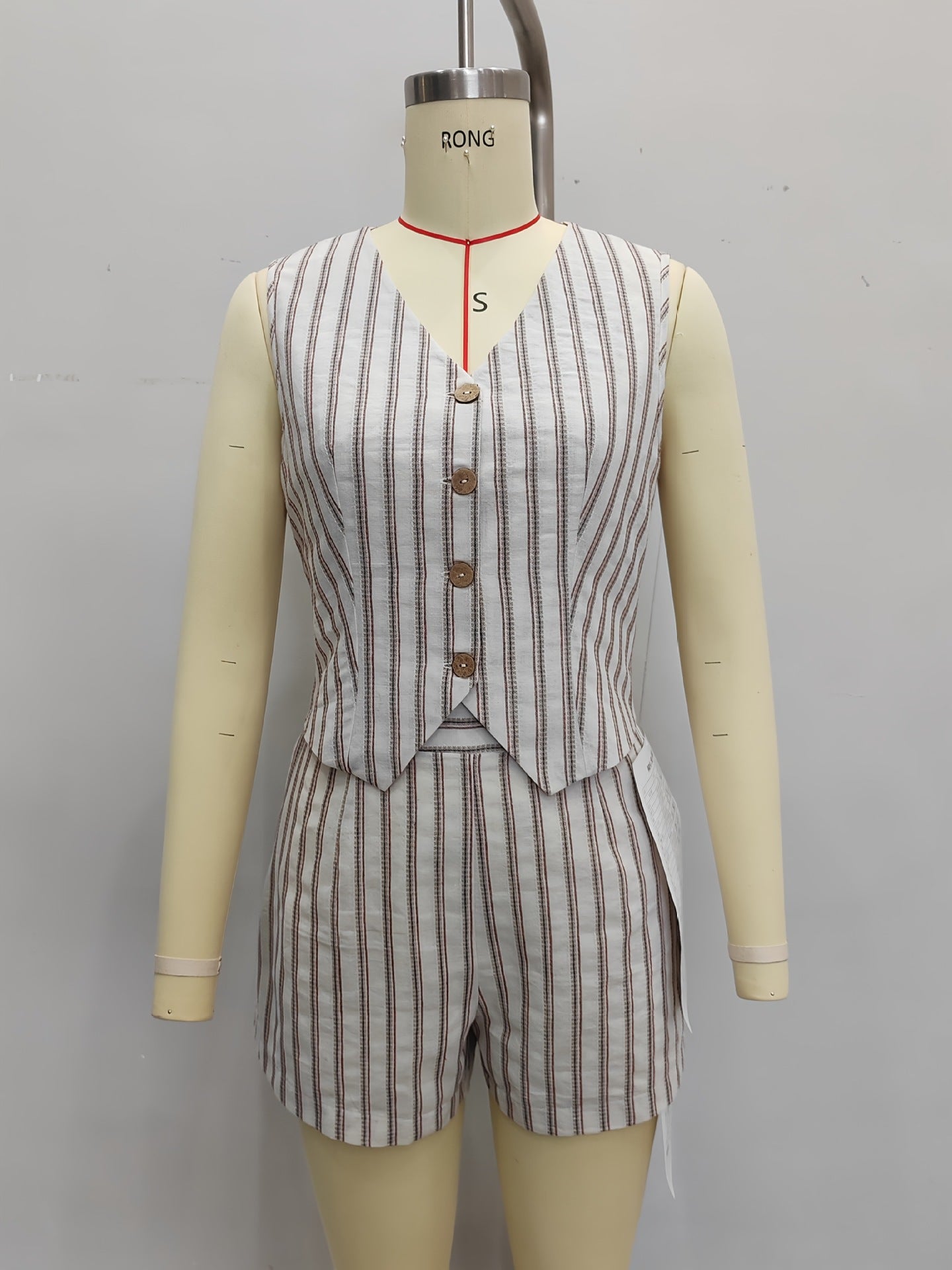 Striped Vest and Shorts Set with Button Front