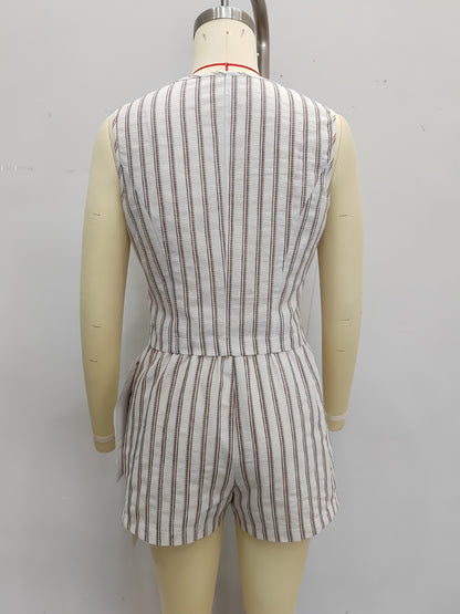 Striped Vest and Shorts Set with Button Front