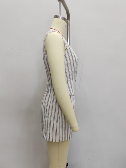 Striped Vest and Shorts Set with Button Front