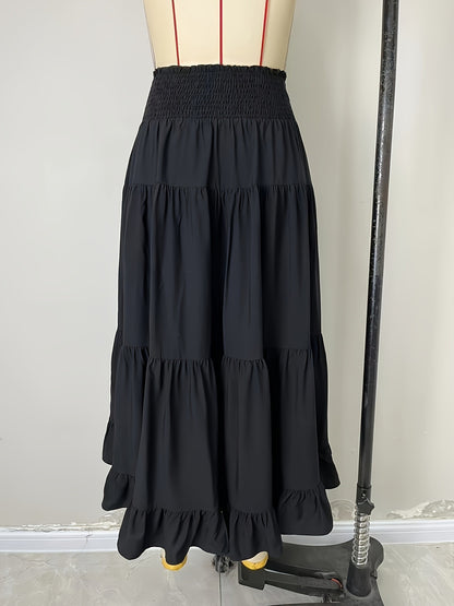 Solid Tiered Maxi Skirt with Shirred Waist and Ruffled High-Low Hem