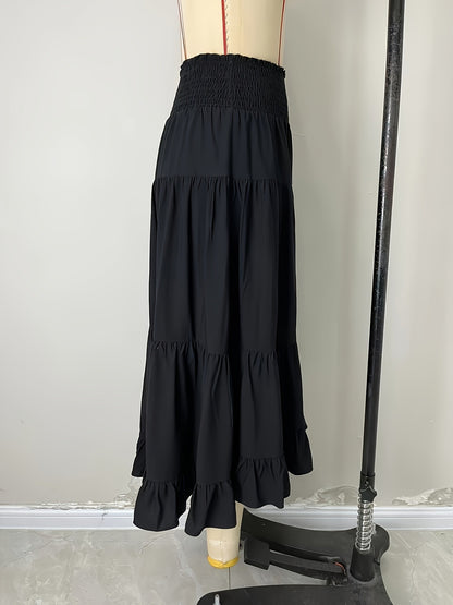 Solid Tiered Maxi Skirt with Shirred Waist and Ruffled High-Low Hem