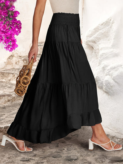 Solid Tiered Maxi Skirt with Shirred Waist and Ruffled High-Low Hem