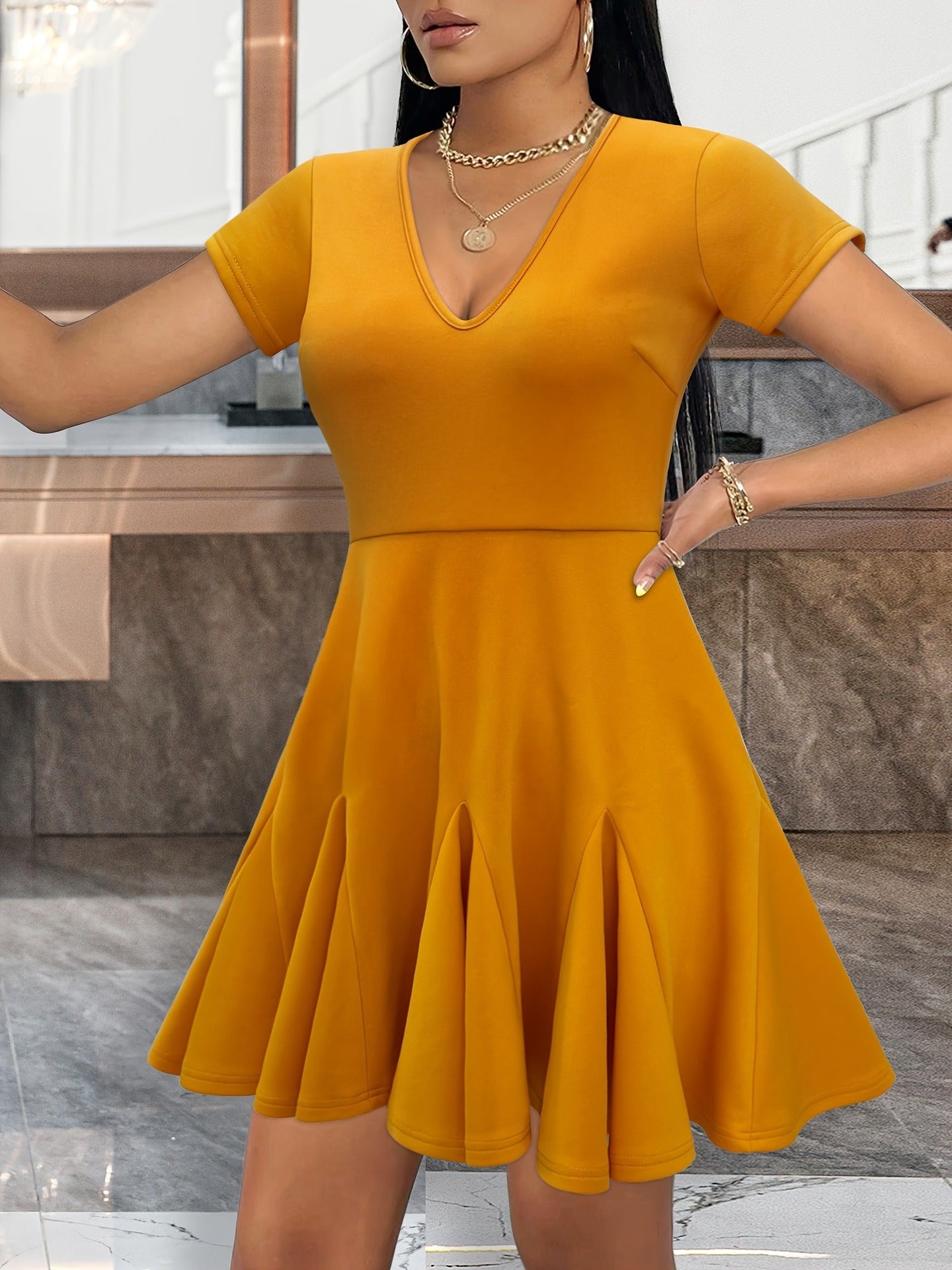 A-Line Mini Dress with Deep V-Neck and Short Sleeves