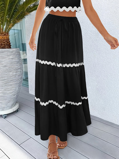 Tiered Maxi Skirt with Scalloped Trim and Drawstring Waist