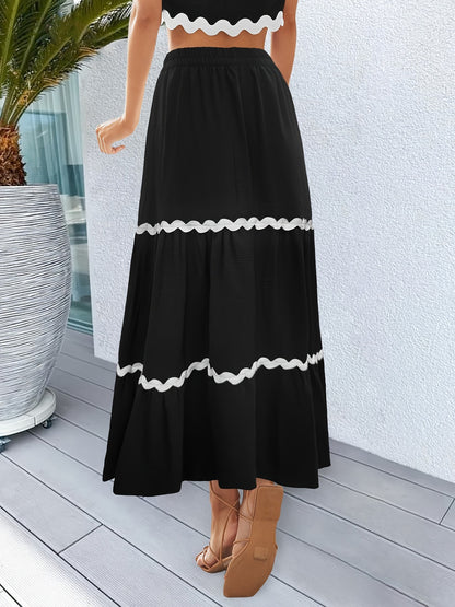 Tiered Maxi Skirt with Scalloped Trim and Drawstring Waist