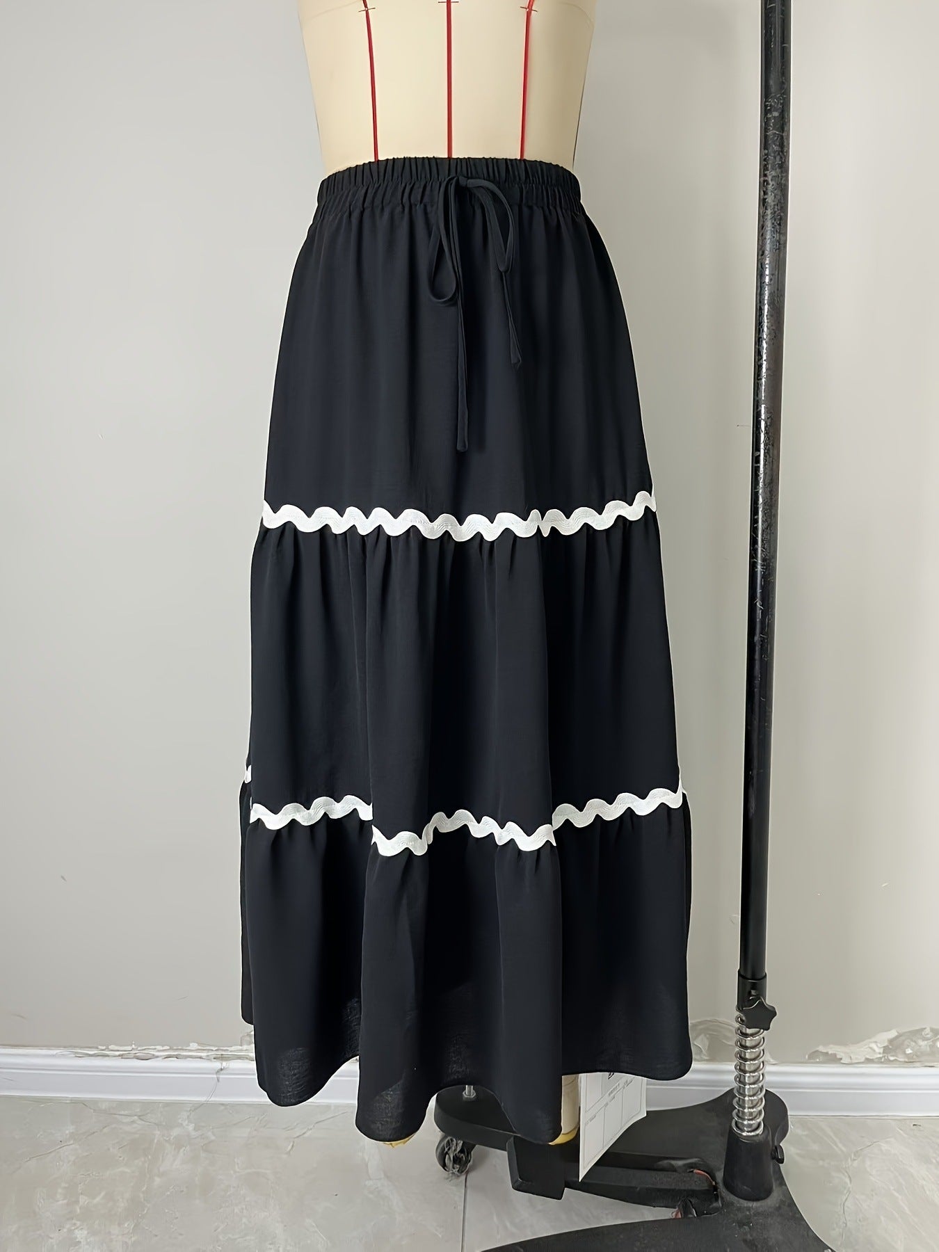 Tiered Maxi Skirt with Scalloped Trim and Drawstring Waist