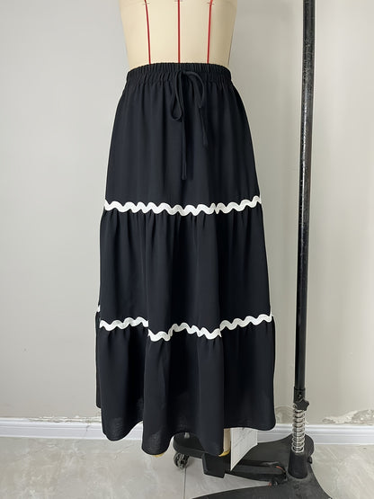Tiered Maxi Skirt with Scalloped Trim and Drawstring Waist