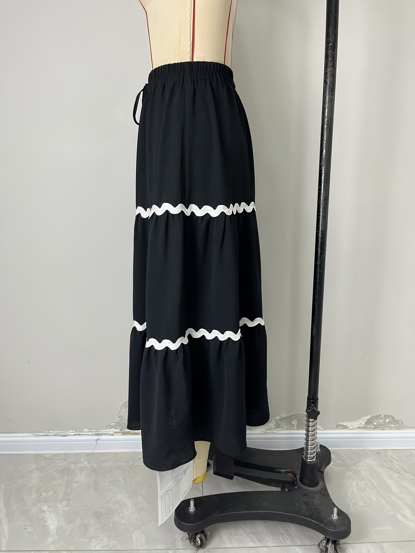 Tiered Maxi Skirt with Scalloped Trim and Drawstring Waist