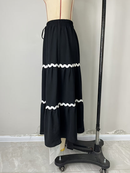 Tiered Maxi Skirt with Scalloped Trim and Drawstring Waist