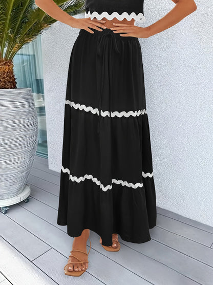 Tiered Maxi Skirt with Scalloped Trim and Drawstring Waist