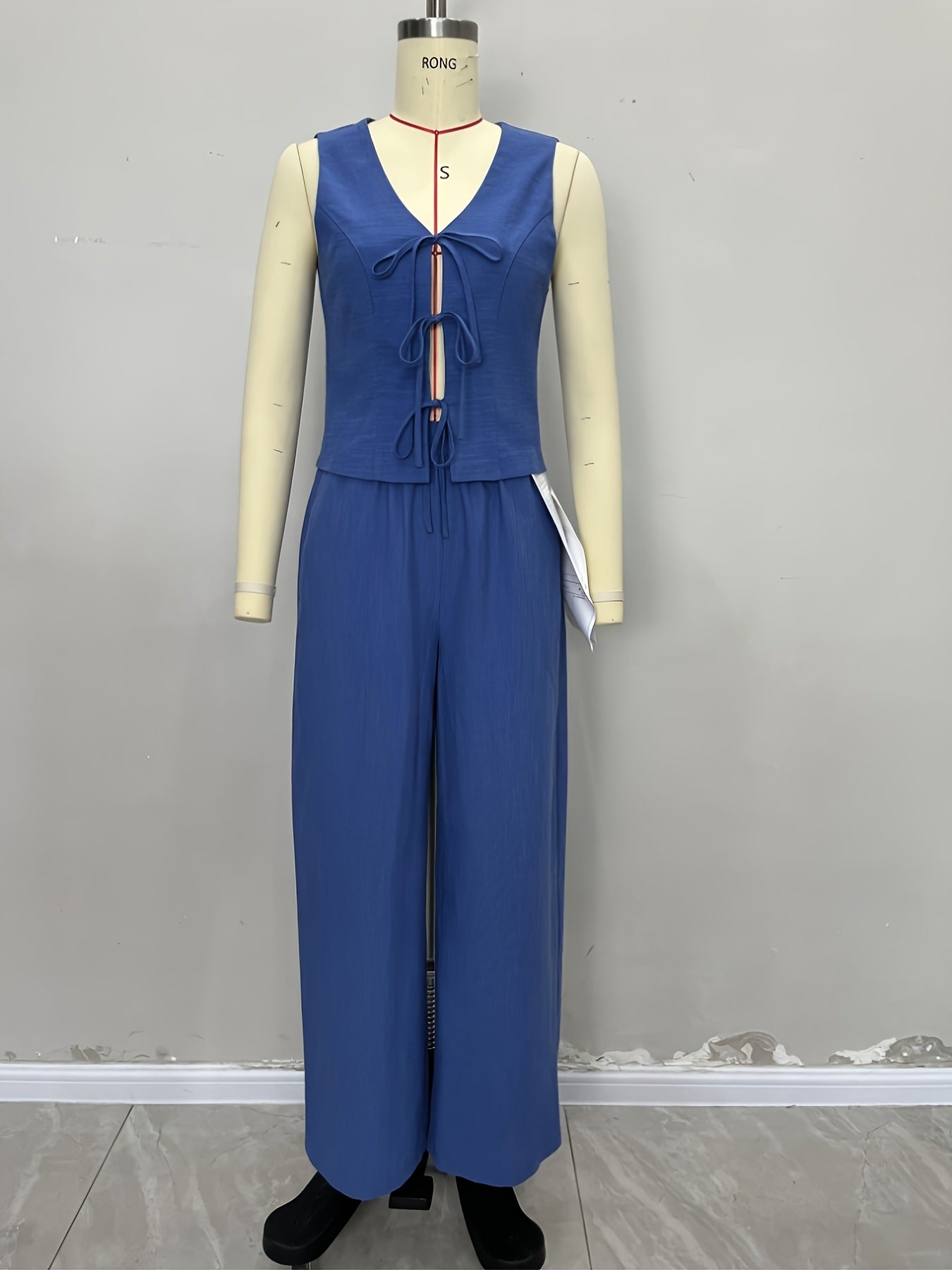 Solid Cropped Vest & Wide-Leg Pants Set with Tie Front