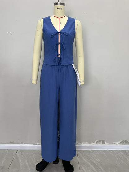 Solid Cropped Vest & Wide-Leg Pants Set with Tie Front