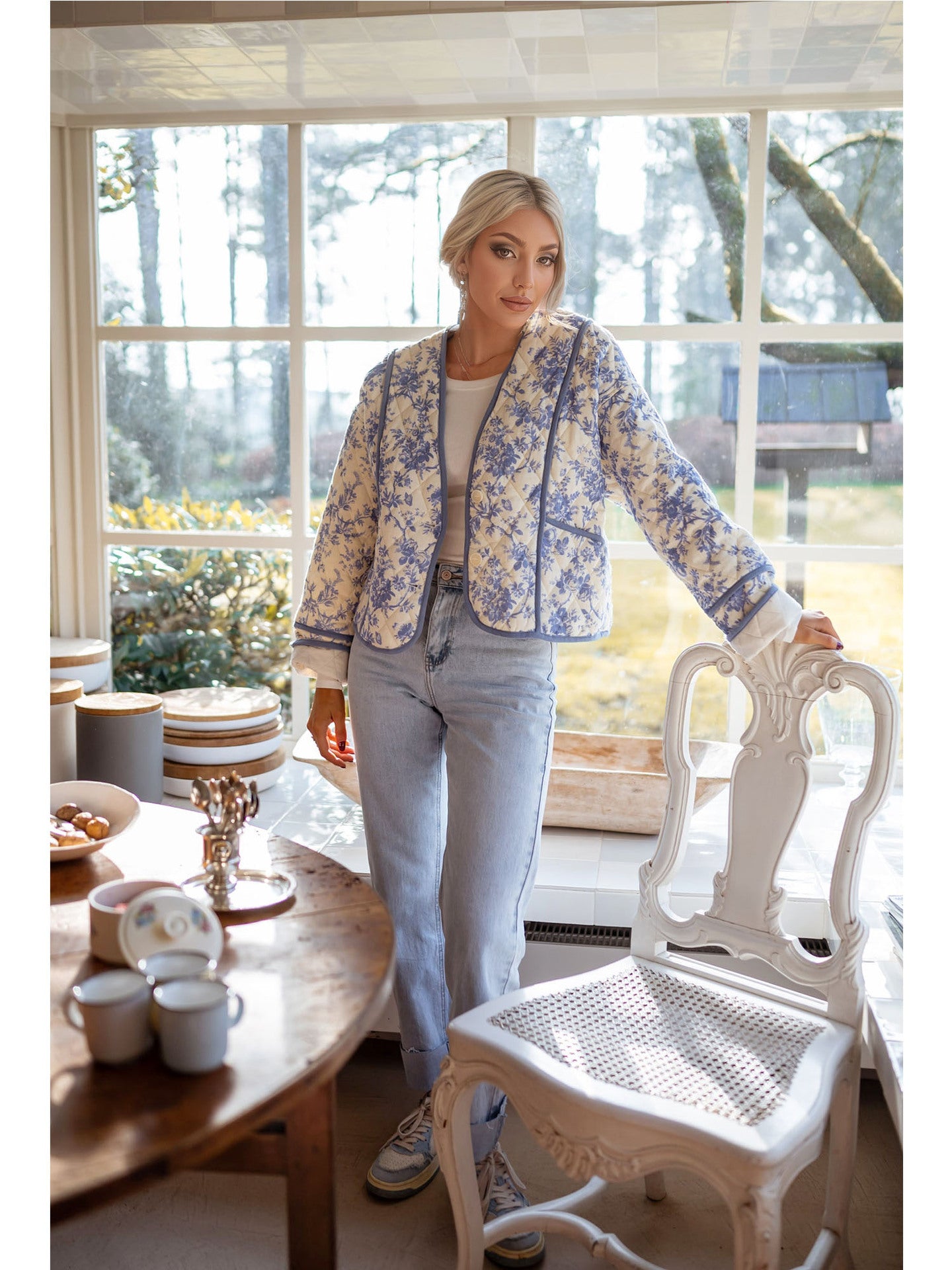 Blue Floral Quilted Jacket with Collarless V-Neck