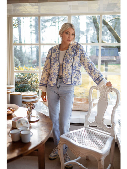 Blue Floral Quilted Jacket with Collarless V-Neck