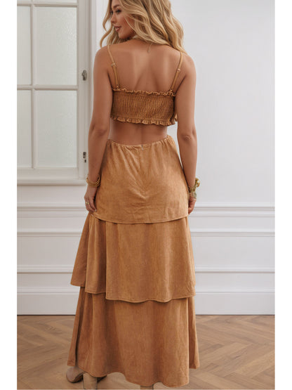 Faux Suede Tiered Maxi Dress with Bow Front and Cutout Waist